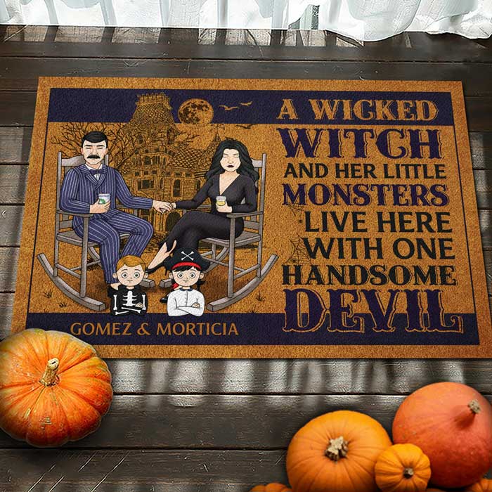 A Wicked Witch & A Handsome Devil Live Here With Their Lil Monsters - Personalized Decorative Mat - Gift For Couple, Husband Wife, Halloween Gift - Image 3