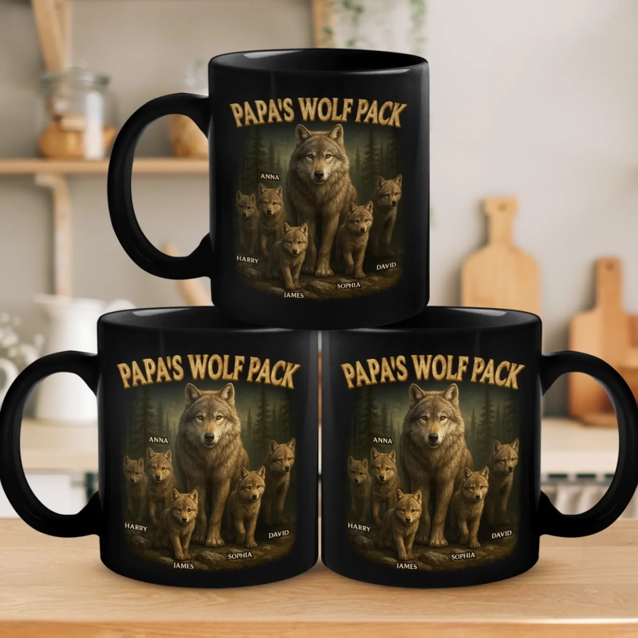 Bonded Like A Wolf Pack - Family Personalized Custom Black Mug - Father's Day, Gift For Dad, Grandpa - Image 3