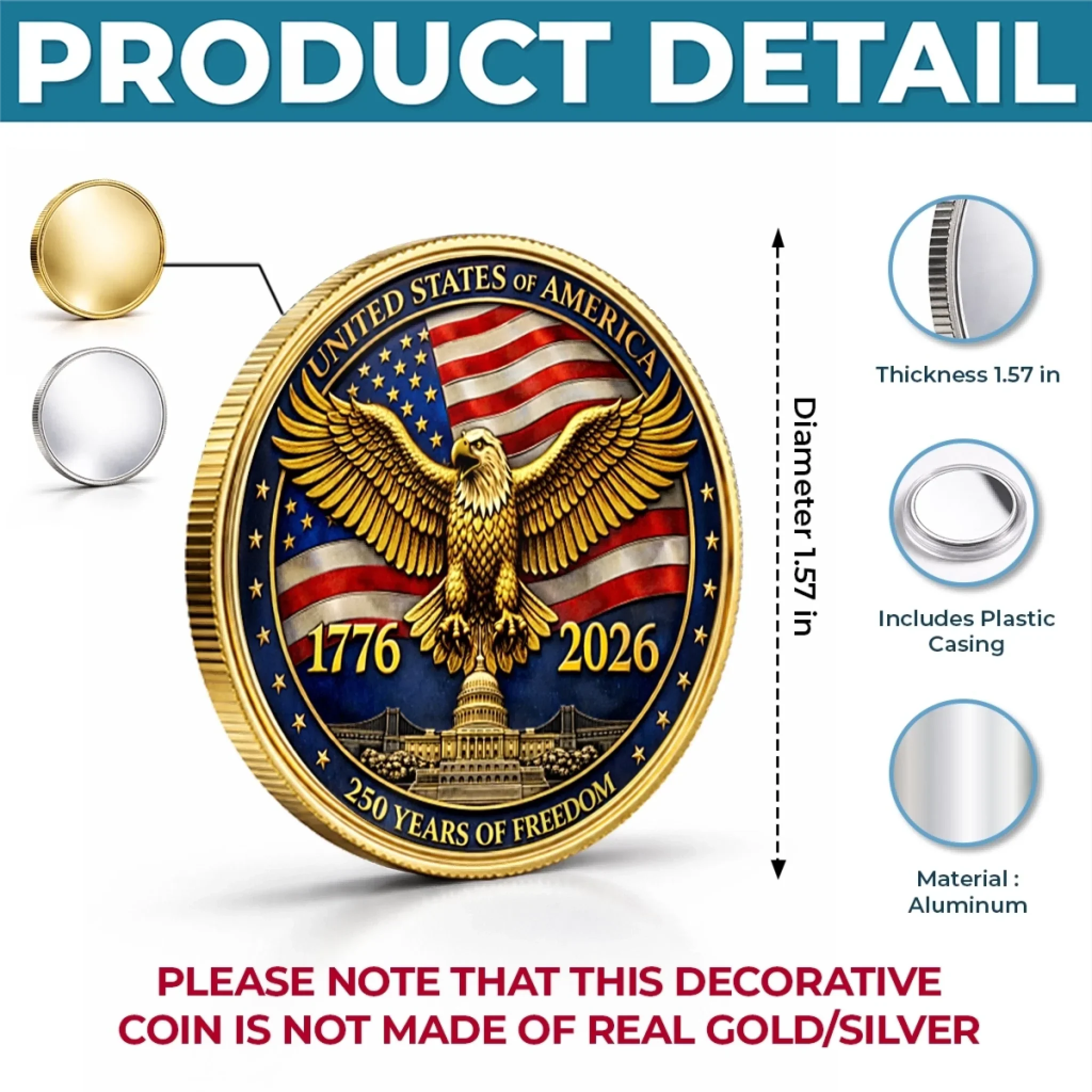 Commemorative Keepsake Coin - America 250th Anniversary Gifts For Women, Men - One Nation Strong And Free - Image 6