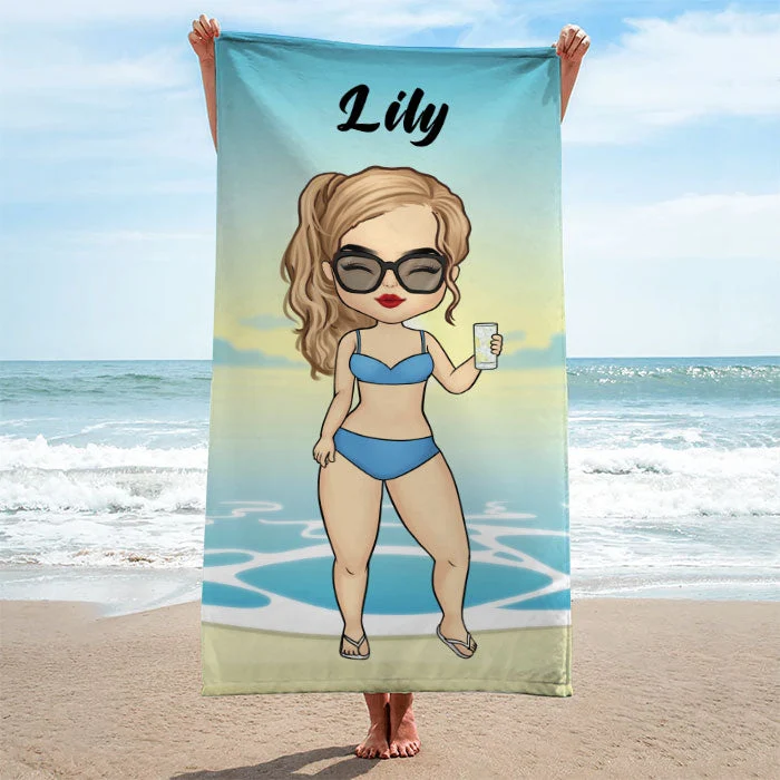 Couple Chibi Summer Vacation - Personalized Beach Towel - Gift For Couples, Husband & Wife - Image 3
