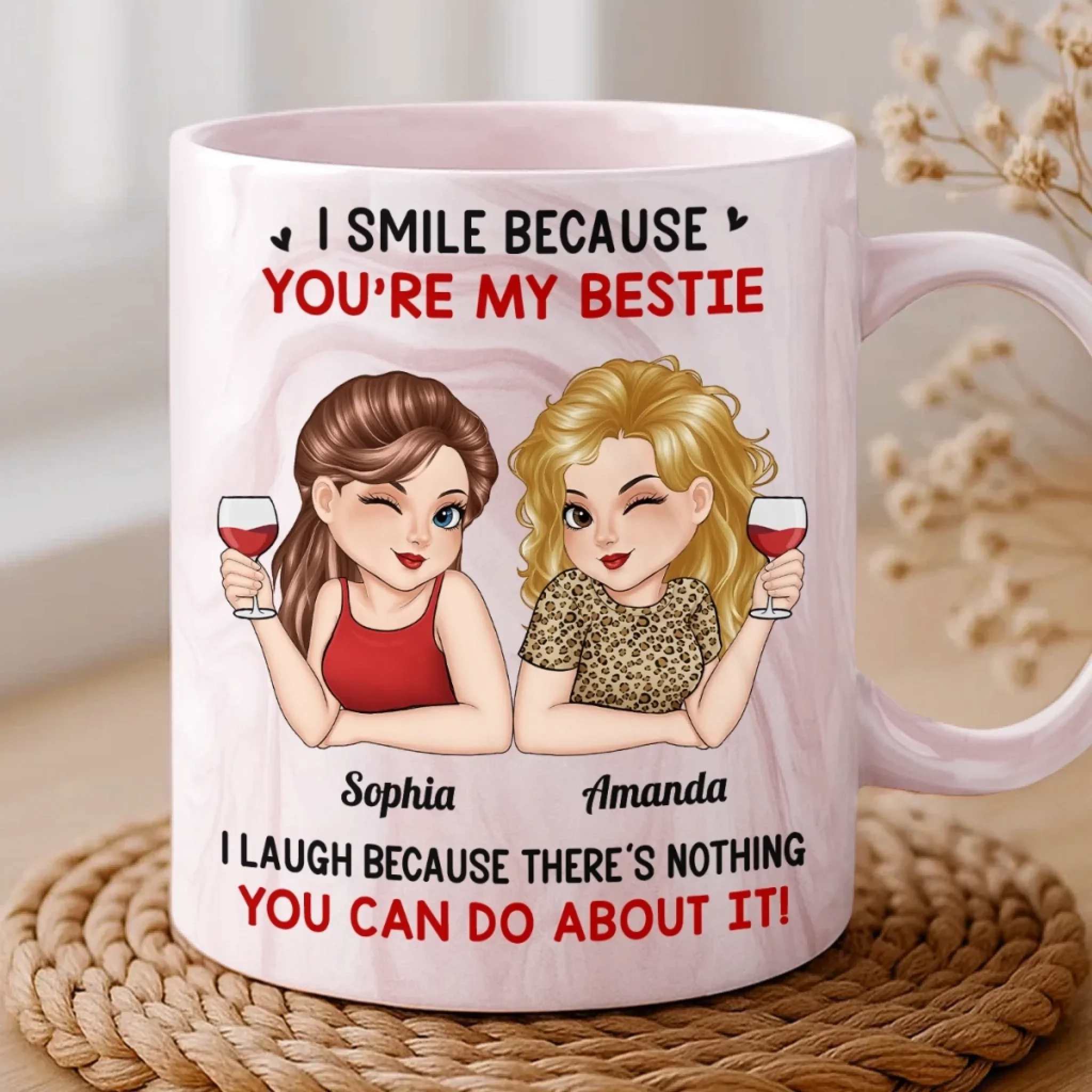 Custom 11oz Pink Marble Mug - Personalized Best Friend Birthday Gifts For Women, Besties, Sisters, BFF - I Smile Because You Are My Bestie - Image 3