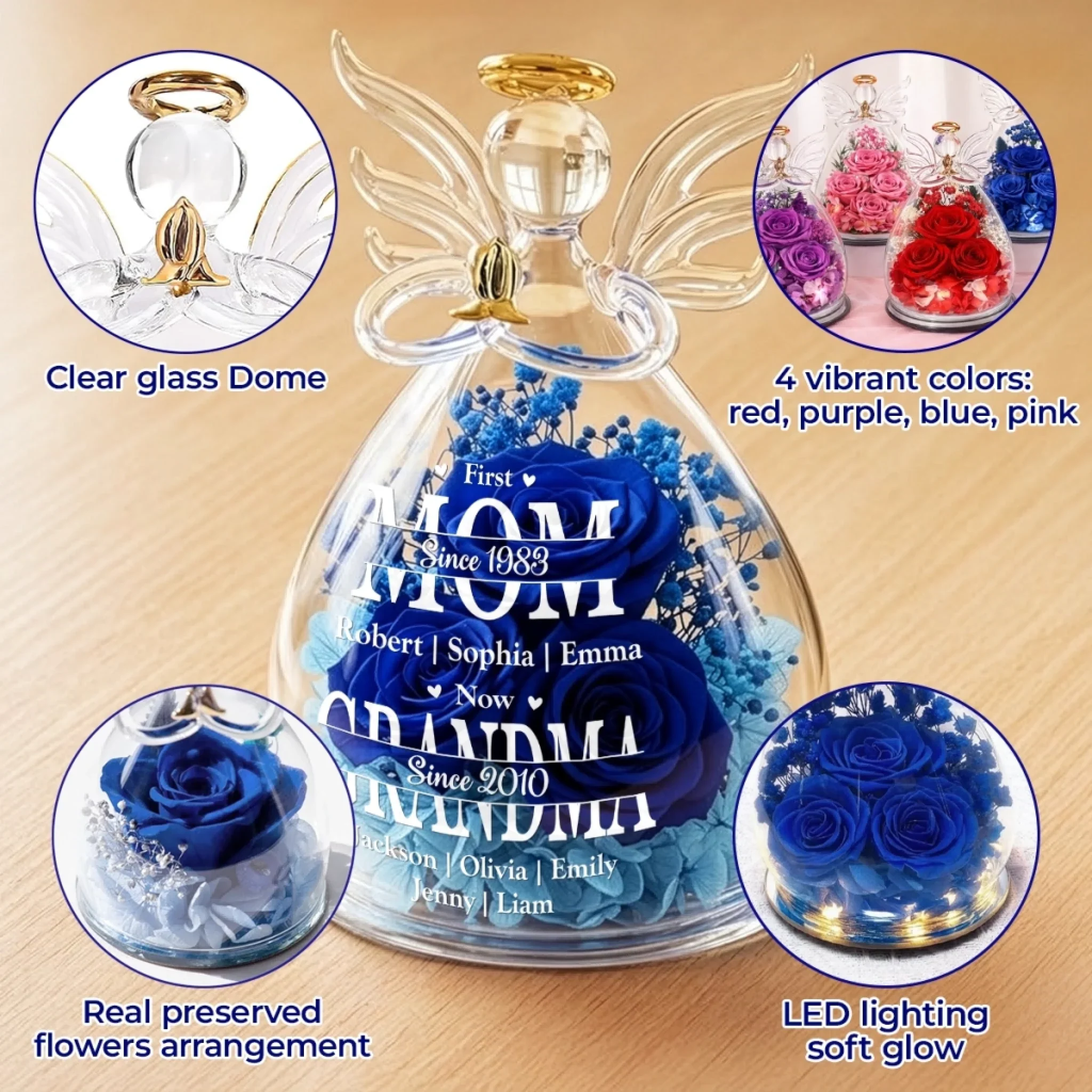 Custom Angel Glass Dome With Preserved Flowers - Personalized Mother's Day Birthday Gifts For Mom, Grandma - Love That Grows With Time - Image 3