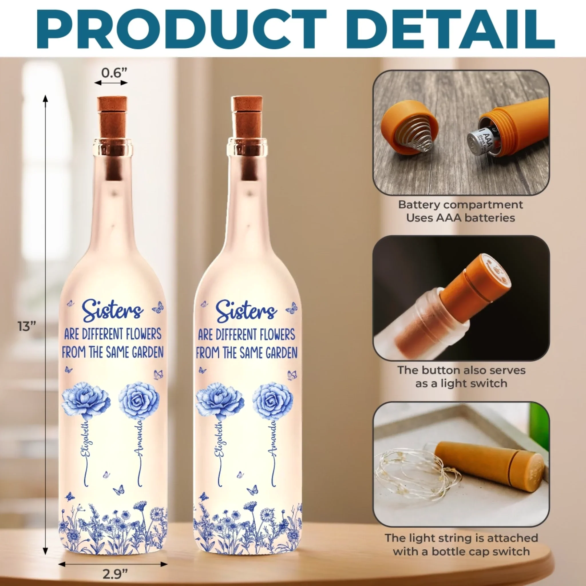 Custom Bottle Lamp - Personalized Best Friend Birthday Gifts For Women - Sisters Grow In The Same Garden Of Memories - Image 5