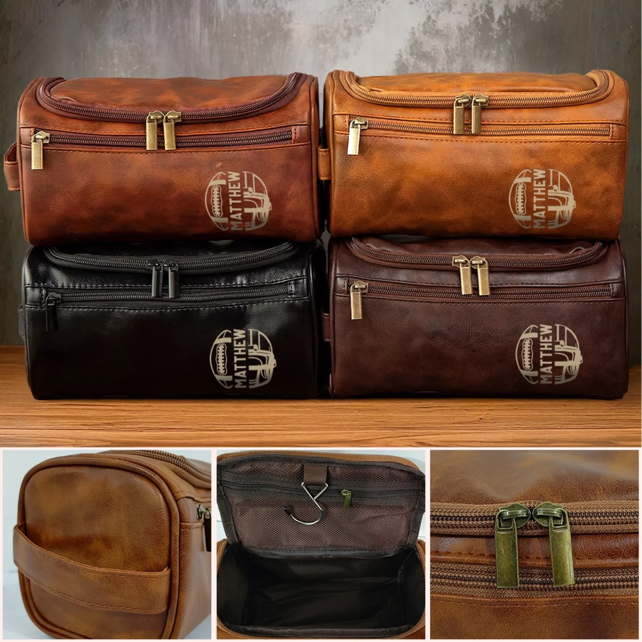 Custom Engraved Leather Toiletry Bag - Personalized  Christmas Birthday American Football Gifts For Football Lovers, Sports Fans, Sports Lovers - Keep Your Gear Game Strong - Image 6