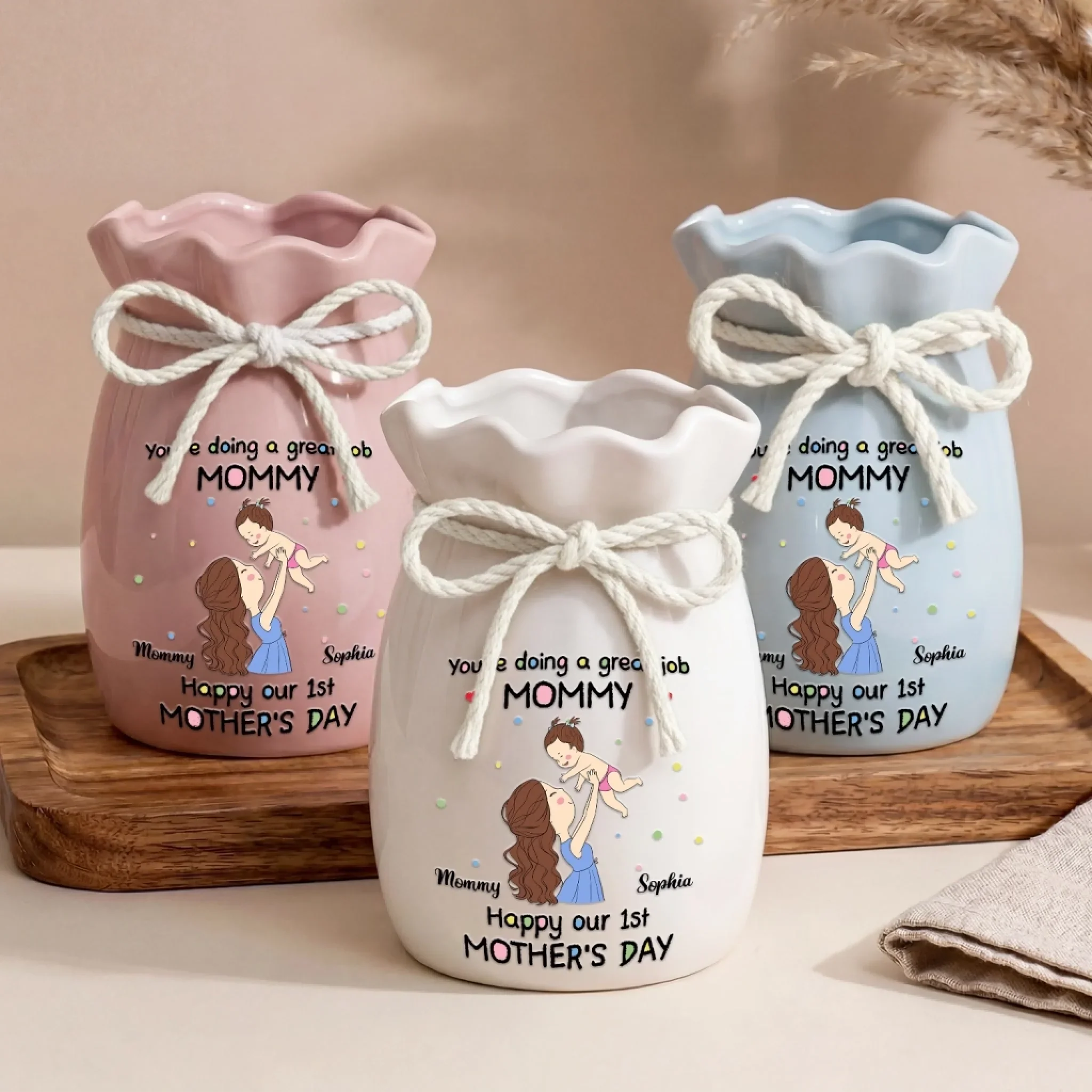 Custom Flower Vase With Ribbon - Personalized Baby Shower, Gender Reveal Gifts For New Moms, Wife, Daughter - Her First Mother’s Day In Bloom - Image 4
