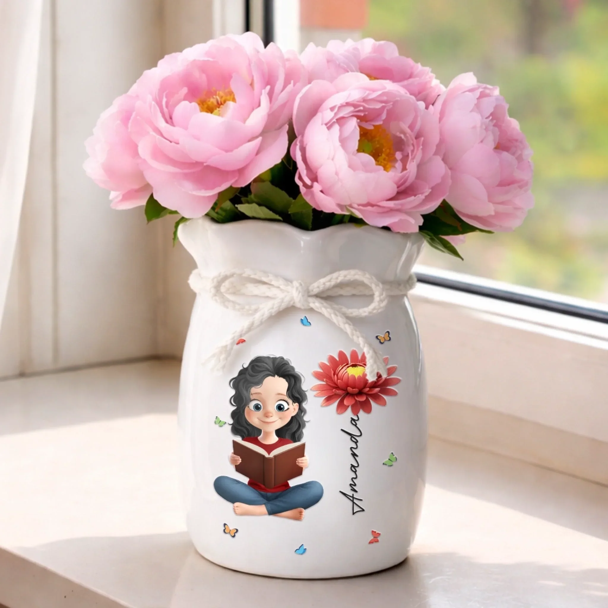 Custom Flower Vase With Ribbon - Personalized Bookish Gifts For Book Lovers, Bookworms, Readers - Reading, Dreaming, Repeating - Image 3