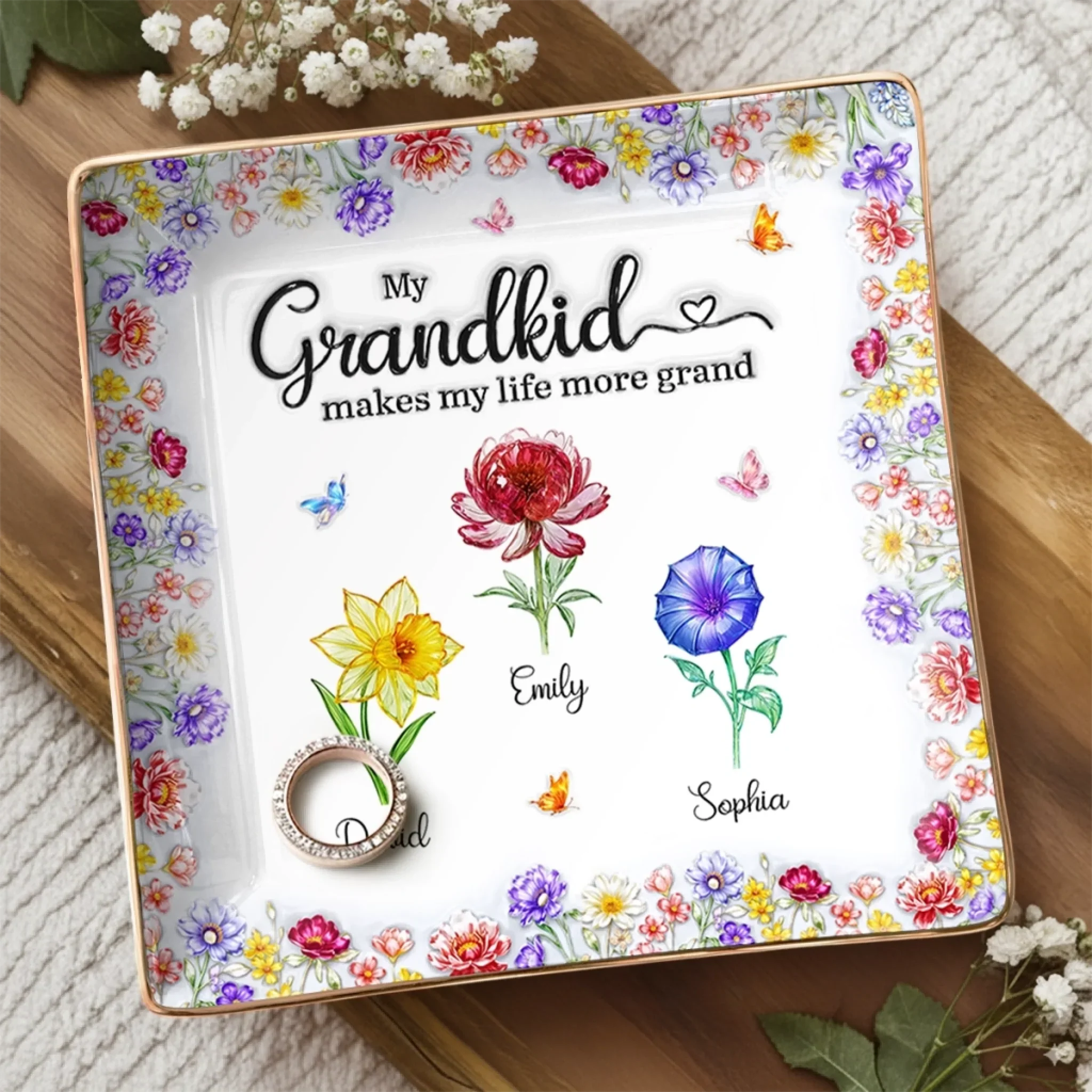 Custom Full-Print Jewelry Dish - Personalized Mother's Day Birthday Gifts For Mom, Grandma - Flowers, Love And Grandkids - Image 3