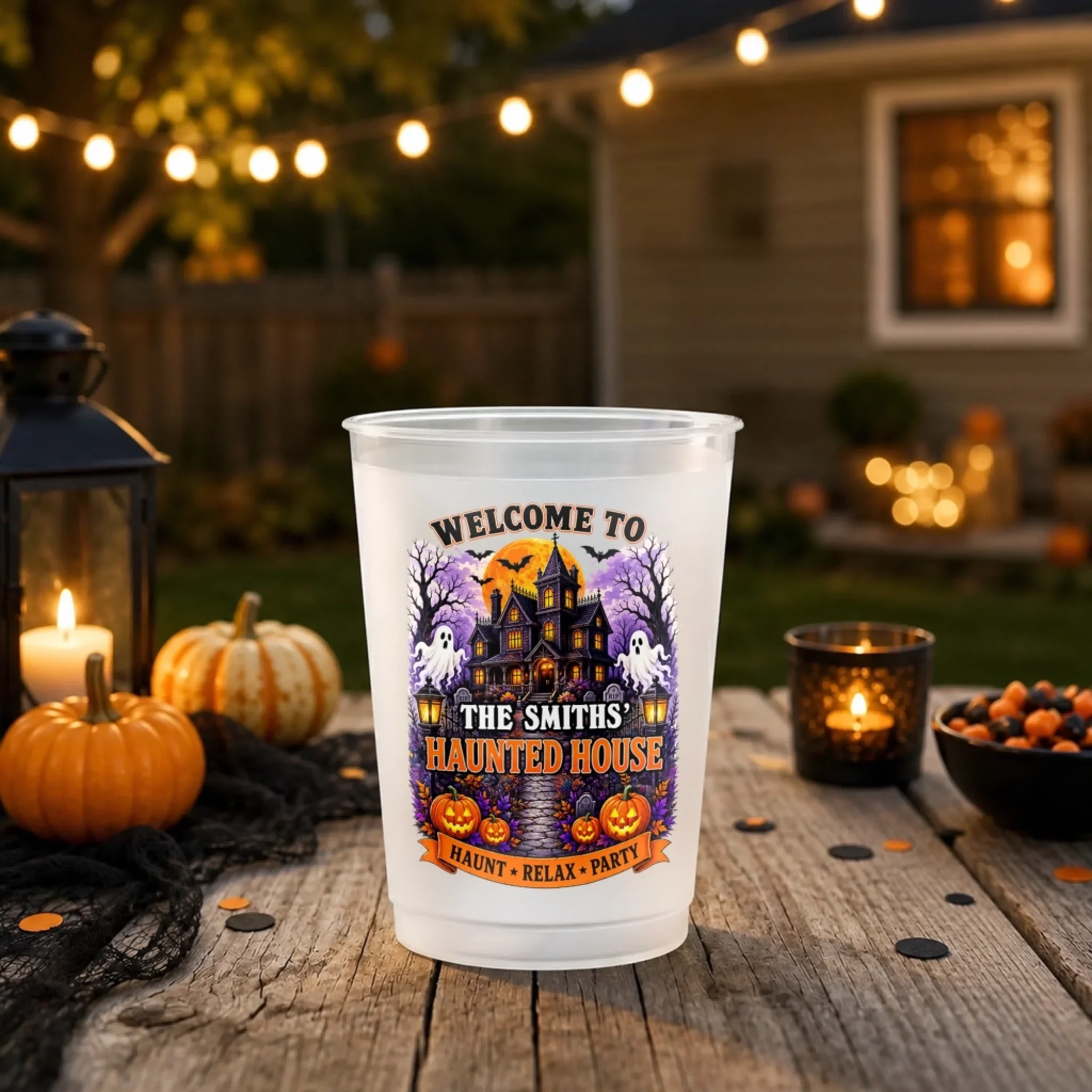 Custom Haunted House Party Cups - Personalized Halloween Gifts For Mom, Dad, Brother, Sister - Spooky Family Haunted House - Image 4