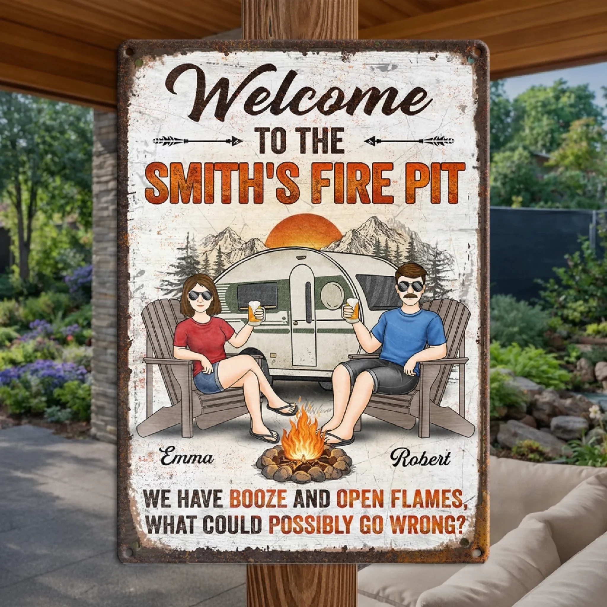 Custom Home Decor Metal Sign - Personalized Anniversary Wedding Camping Gifts For Campers, Husband And Wife, Him And Her - Welcome To Our Fire Pit - Image 4