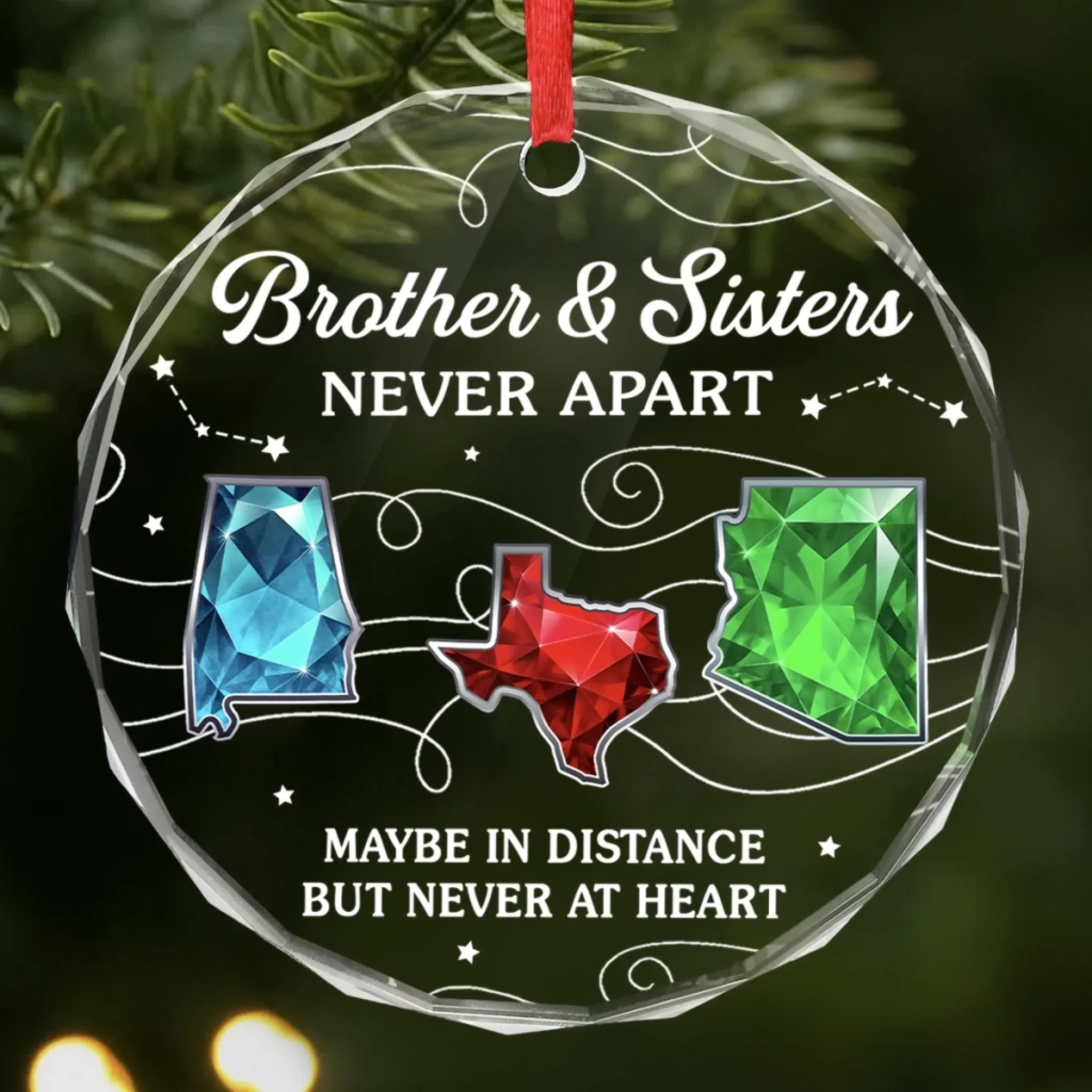 Custom Long Distance Circle Glass Ornament - Personalized Christmas Birthday Gifts For Brother, Sister - Miles Apart Hearts Aligned