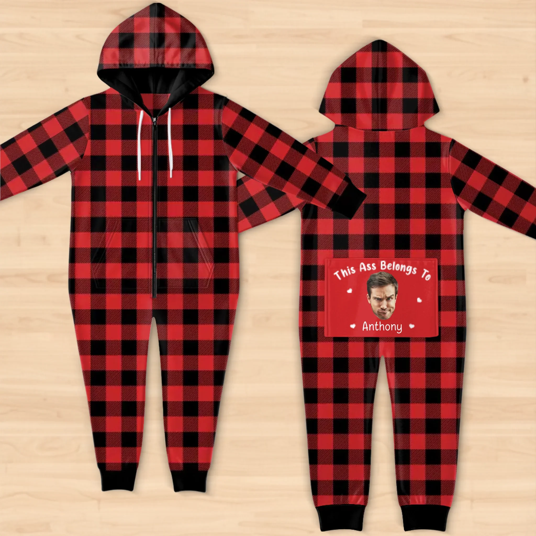 Custom Photo Adult Onesie Pajamas With Back Flap - Personalized Anniversary Christmas Wedding Gifts For Husband And Wife, Him And Her - Property Of My Favorite Troublemaker - Image 2