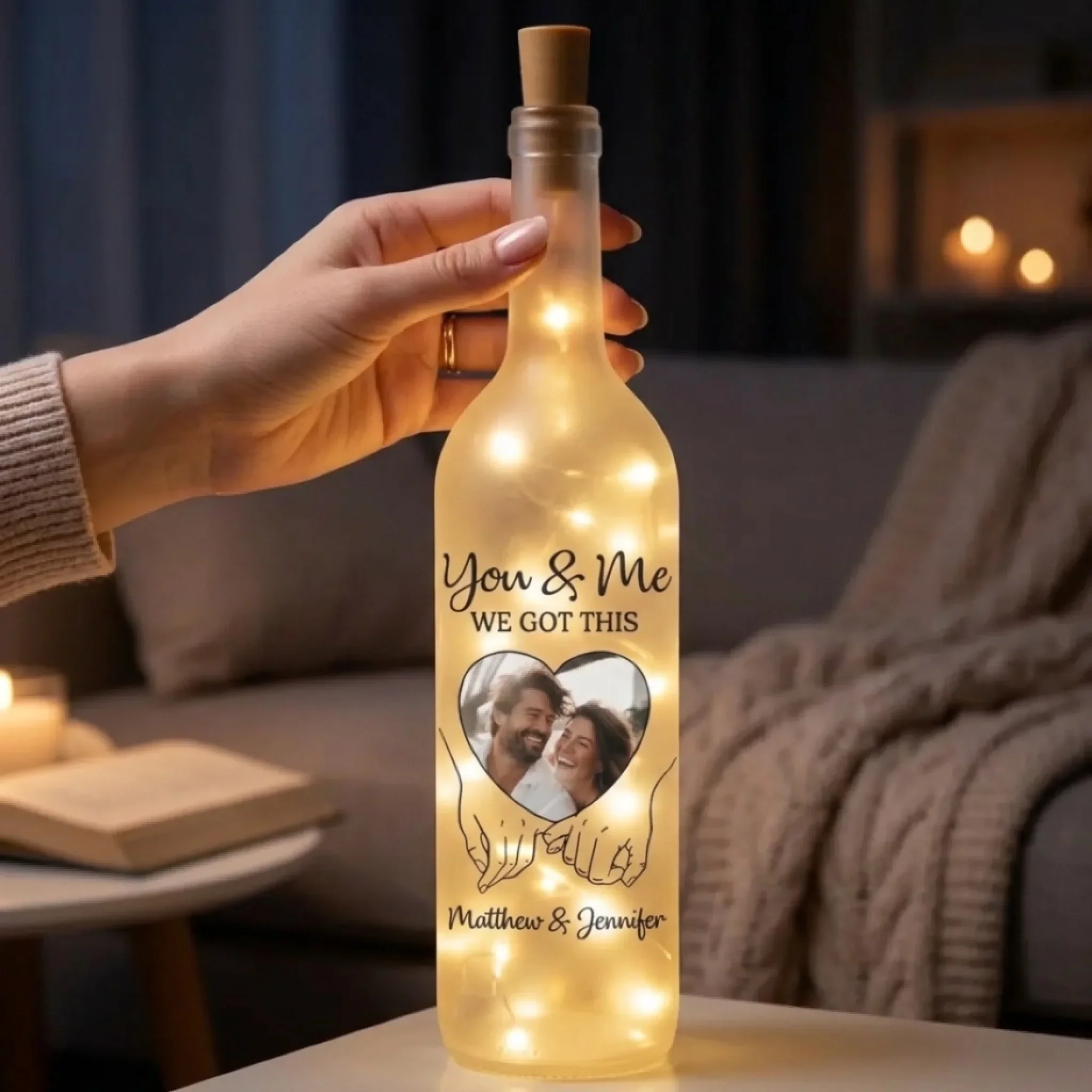 Custom Photo Bottle Lamp - Personalized Anniversary Wedding Gifts For Husband And Wife, Him And Her - Hand In Hand, We Conquer All - Image 2