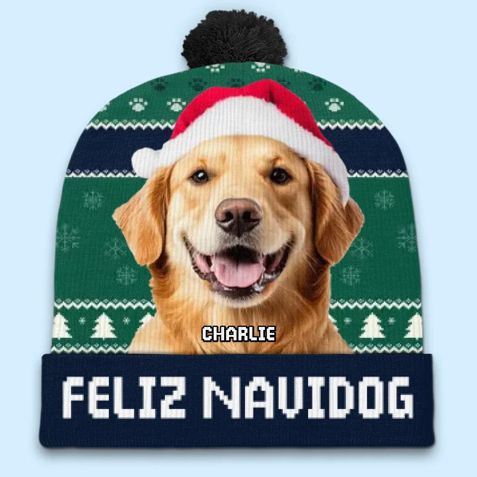 Custom Photo Feliz Navidog - Dog & Cat Personalized Custom Christmas Beanie Hat - Christmas Gift For Pet Owners, Pet Lovers - Image 2