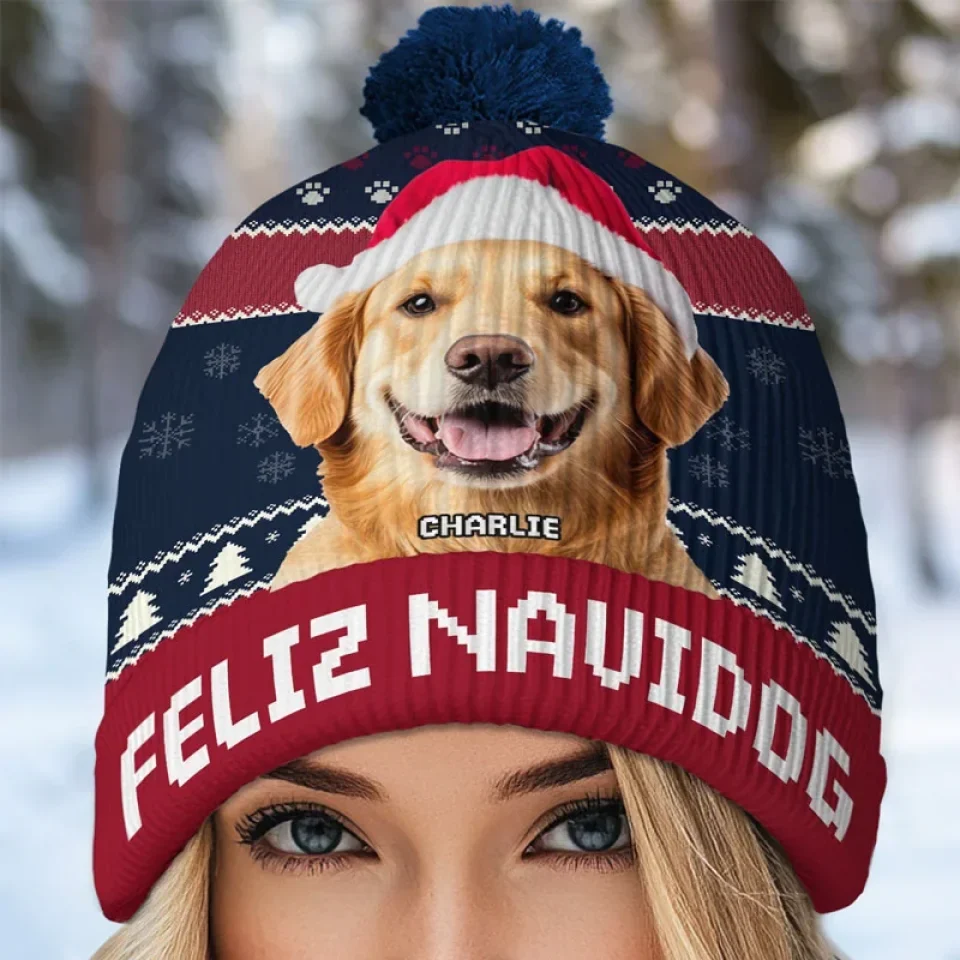 Custom Photo Feliz Navidog - Dog & Cat Personalized Custom Christmas Beanie Hat - Christmas Gift For Pet Owners, Pet Lovers - Image 3