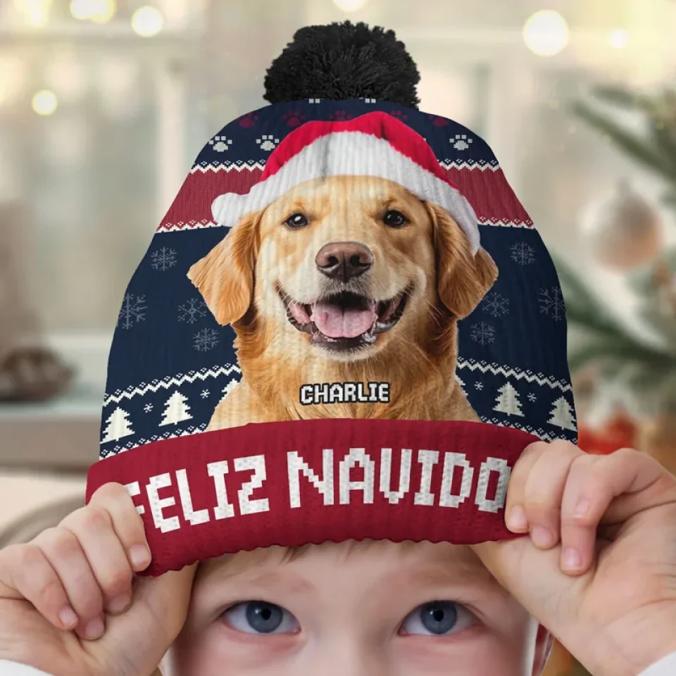 Custom Photo Feliz Navidog - Dog & Cat Personalized Custom Christmas Beanie Hat - Christmas Gift For Pet Owners, Pet Lovers - Image 4