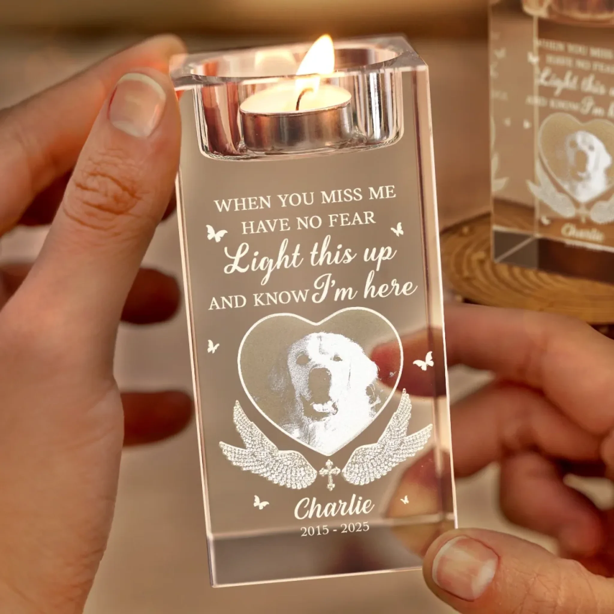 Custom Photo Love Never Leaves, It Lights Up Forever - Memorial Personalized Custom 3D Crystal Photo Laser Engraved, Crystal Candle Holder - Sympathy Gift For Pet Owners, Pet Lovers - Image 6