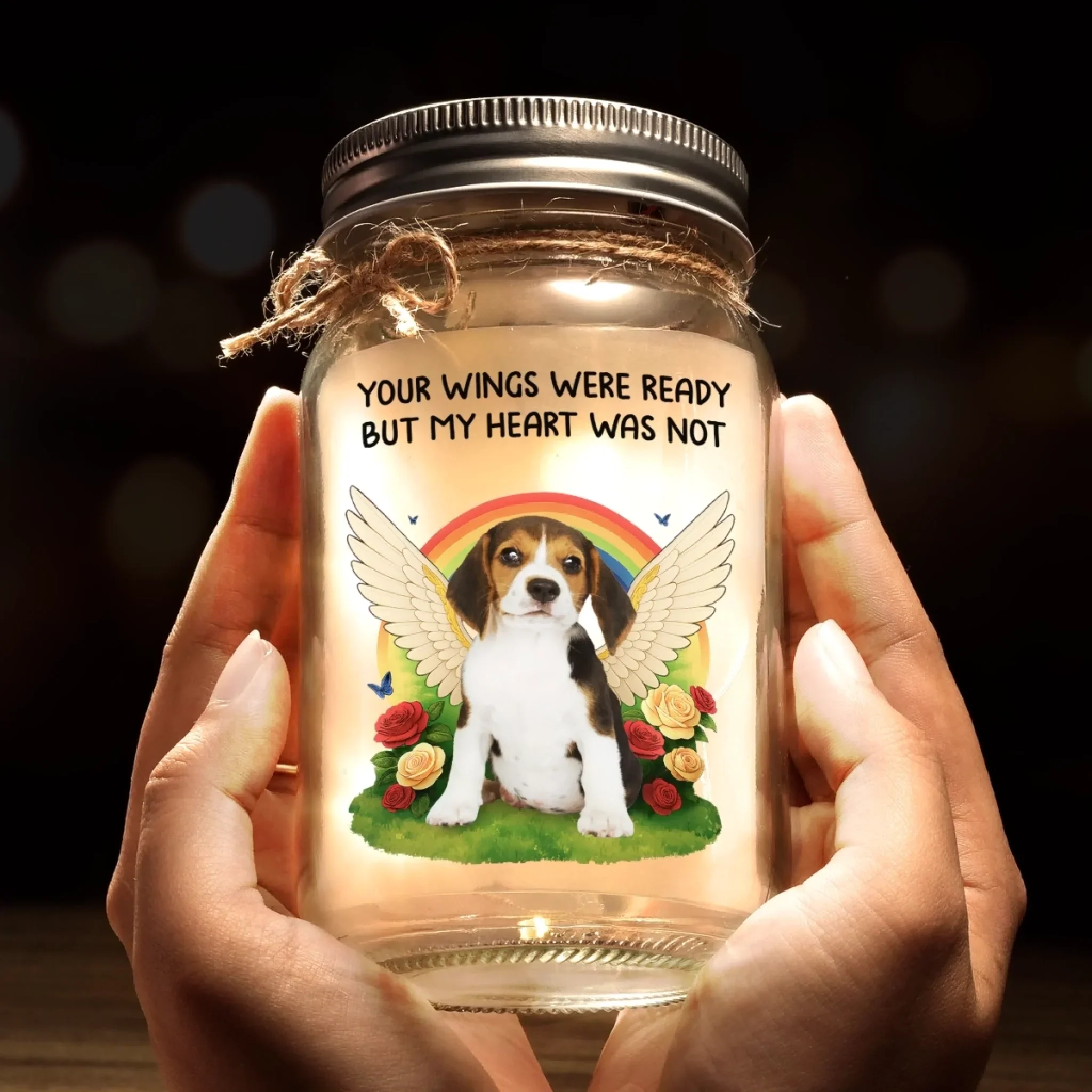 Custom Photo Mason Jar Light - Personalized Pet Christmas Memorial Sympathy Gifts For Dogs, Cats - Together Beyond The Rainbow - Image 5