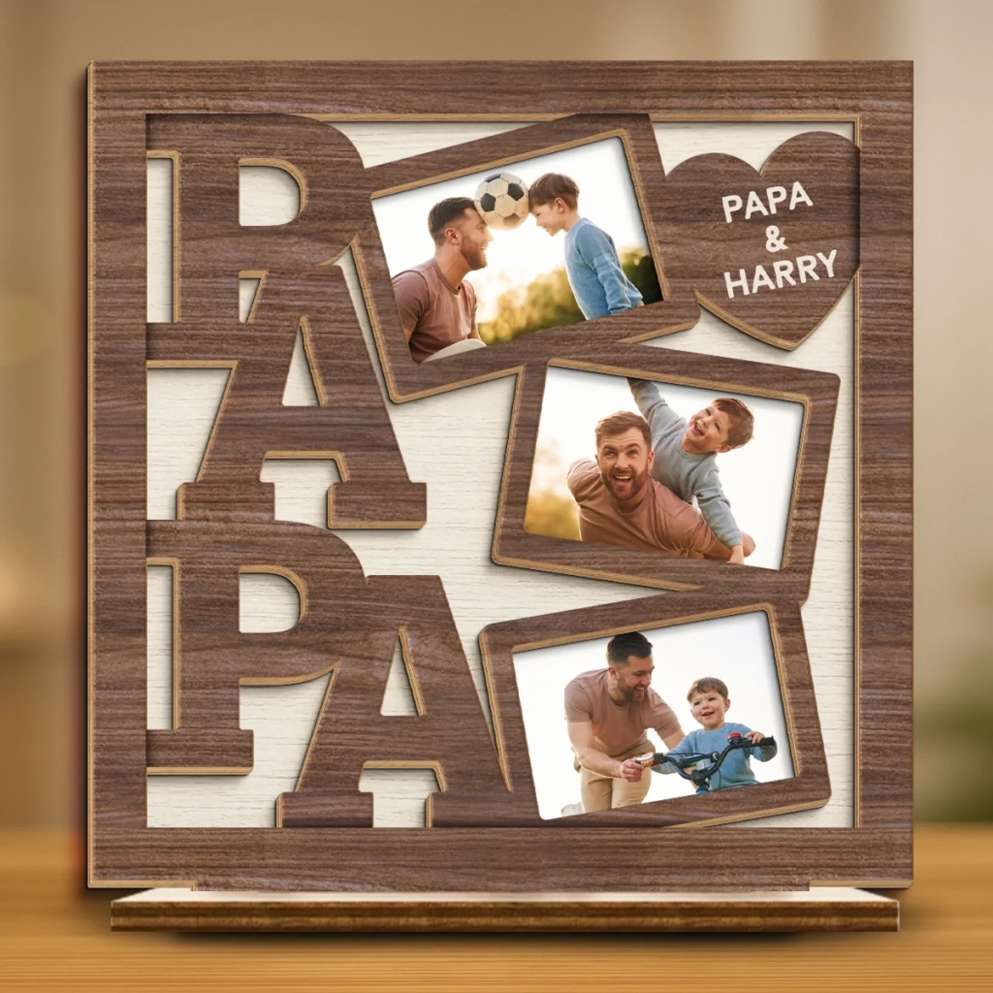 Custom Photo My Favorite Moments Are With Papa - Family Personalized Custom Shaped 2-Layered Wooden Plaque With Flat Stand - Father's Day, Gift For Dad - Image 3