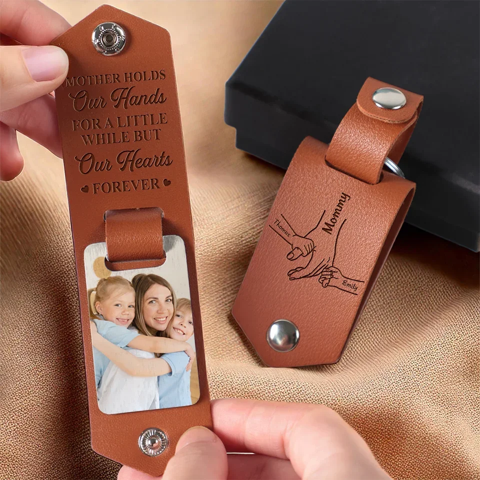 Custom Photo Our Hearts Forever - Family Personalized Custom Engraved Leather Keychain - Gift For Mom, Grandma - Image 3