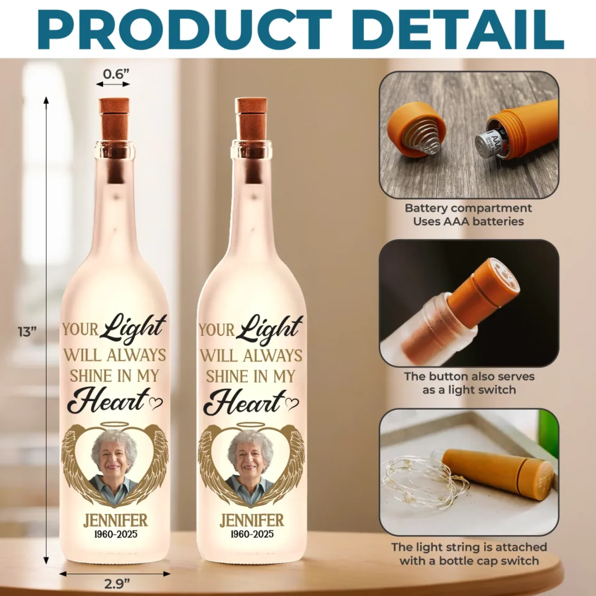 Custom Photo Your Light Will Always Shine In My Heart - Memorial Personalized Custom Bottle Lamp - Sympathy Gift For Family Members - Image 5