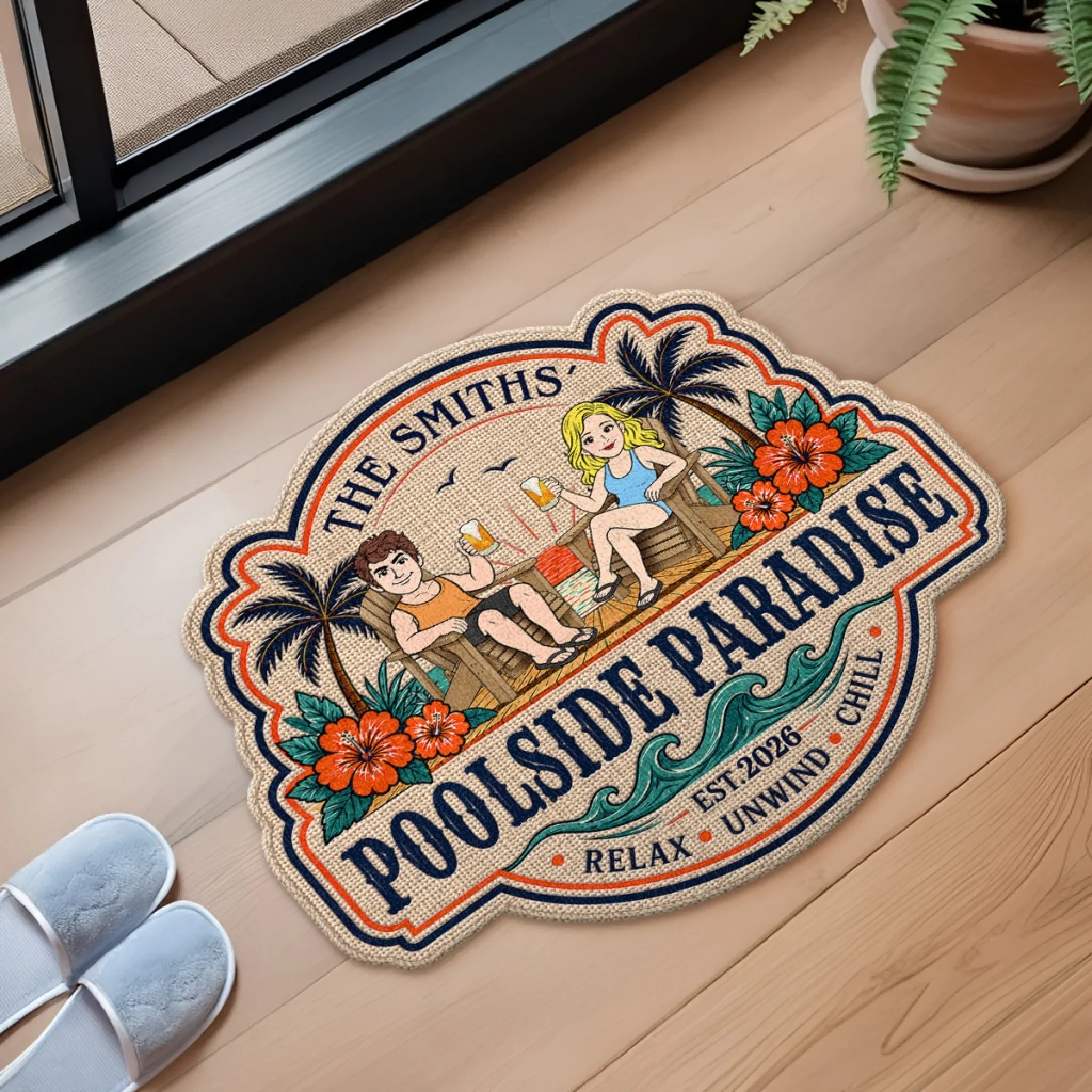 Custom Poolside Shaped Doormat - Personalized Summer Vacation And Travel Gifts For Husband And Wife, Him And Her - Our Happy Place By The Pool - Image 5