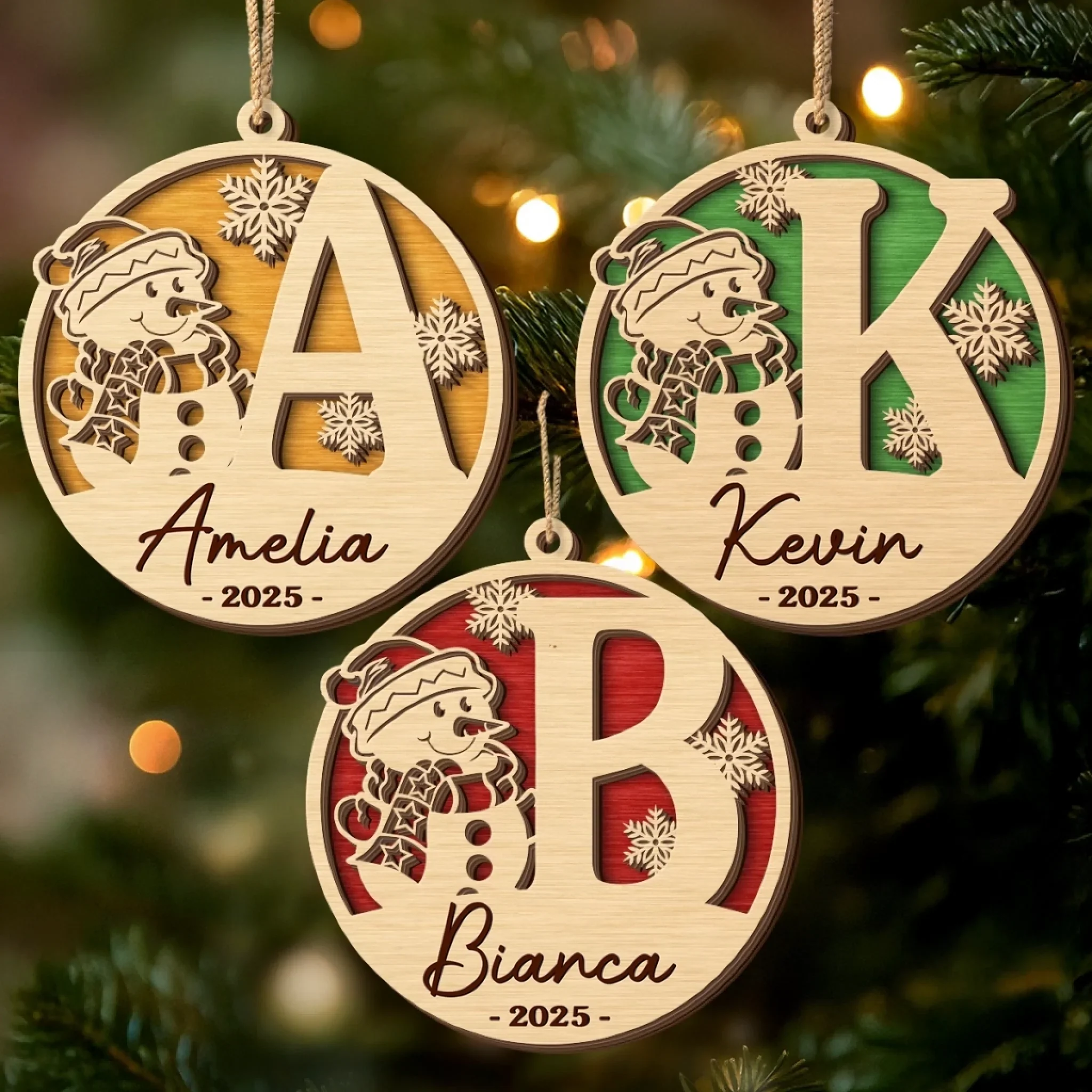Custom Snowman Double Layer Wooden Ornament - Personalized Christmas Birthday Gifts For Mom, Dad, Brother, Sister, Kids - Family Moments Warm The Heart