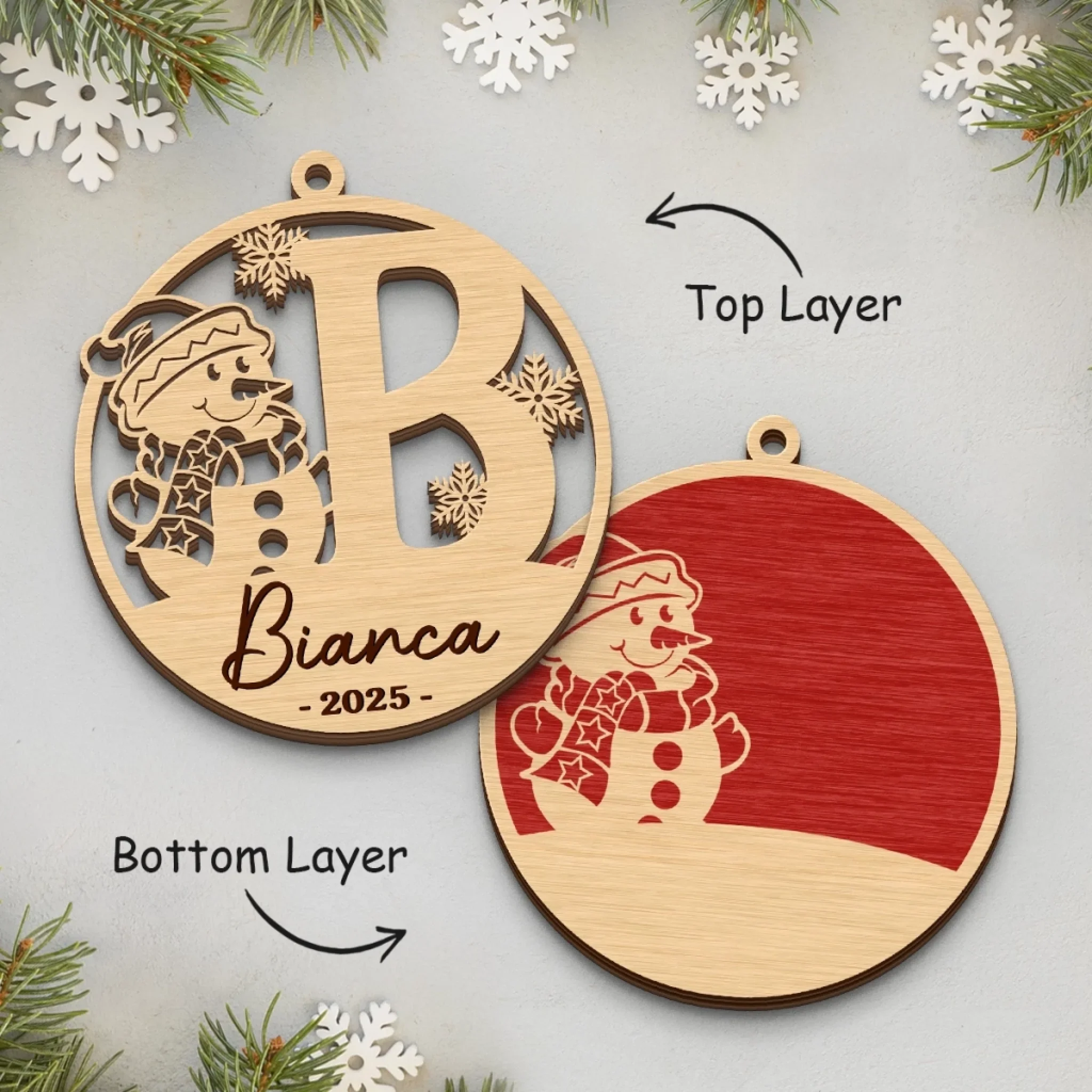 Custom Snowman Double Layer Wooden Ornament - Personalized Christmas Birthday Gifts For Mom, Dad, Brother, Sister, Kids - Family Moments Warm The Heart - Image 3