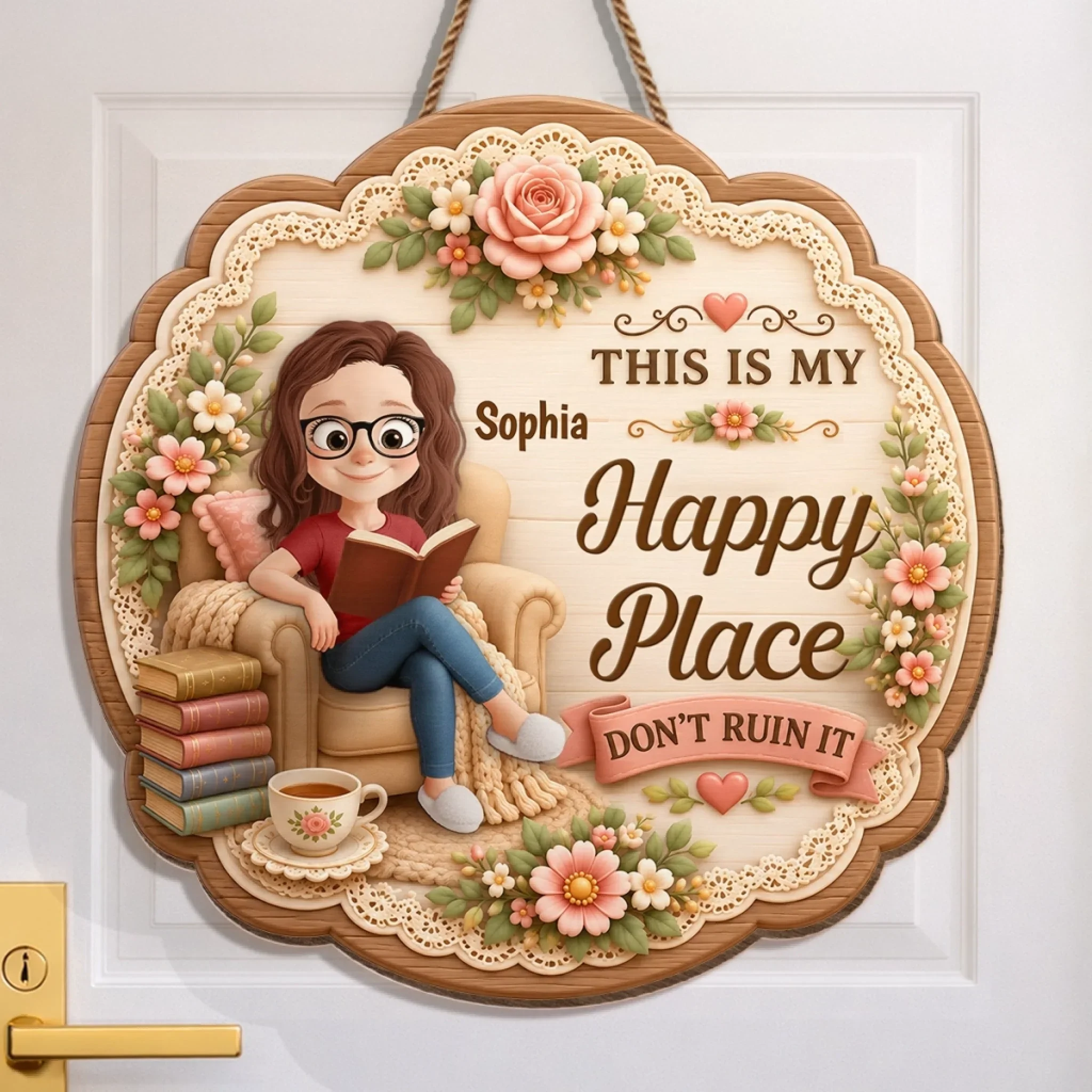 Custom Wood Sign - Personalized Bookish Gifts For Book Lovers, Bookworms, Readers - Welcome To My Happy Place
