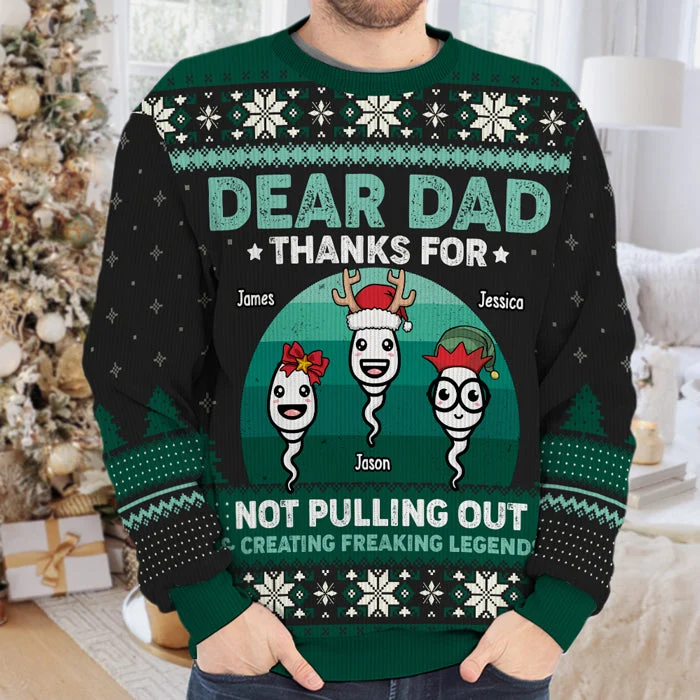 Dear Dad, Thanks For Not Pulling Out & Creating Freaking Legends - Family Personalized Custom Ugly Sweatshirt - Unisex Wool Jumper - Christmas Gift For Dad - Image 3