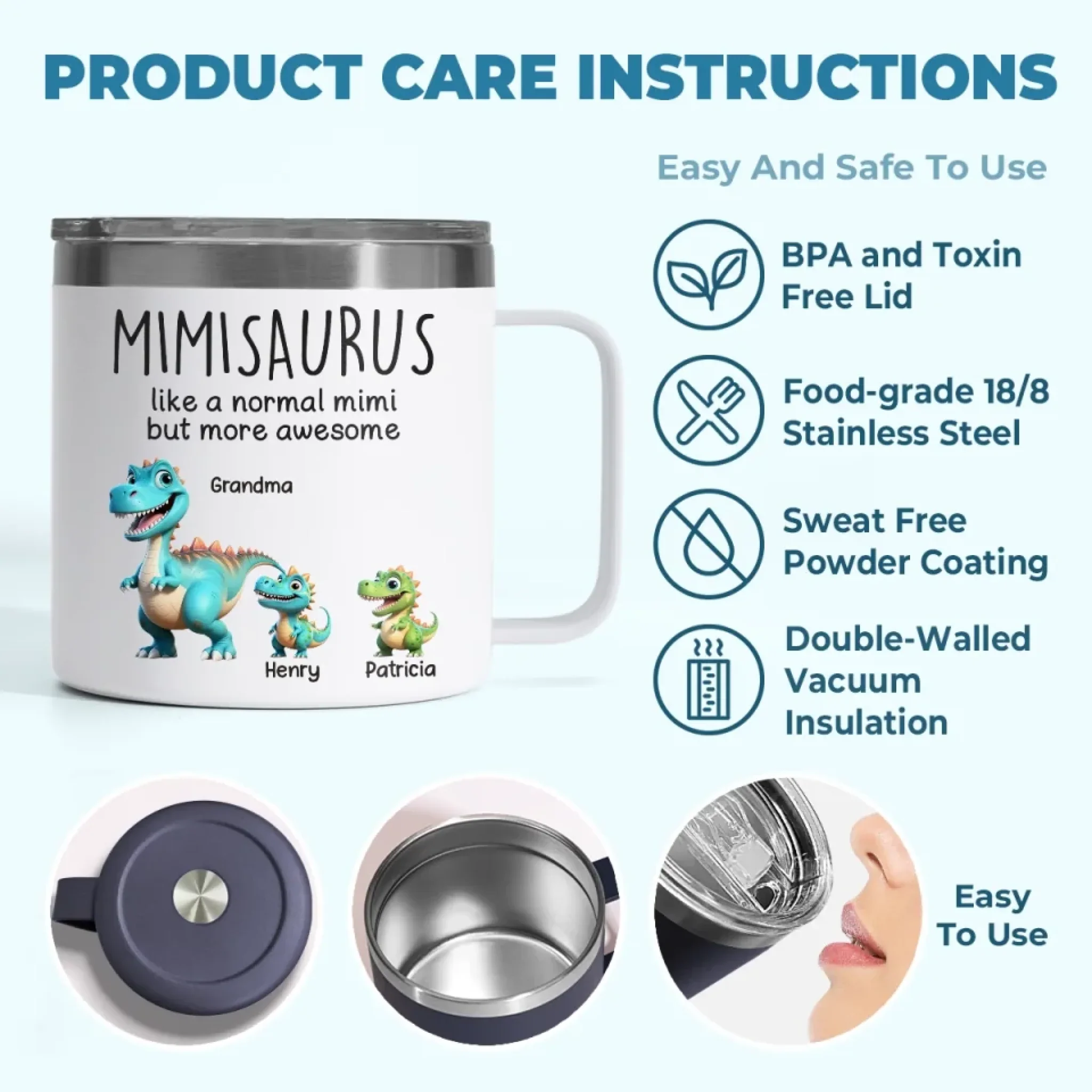 Fierce Like A Dino, Loving Like A Mimi - Family Personalized Custom 14oz Stainless Steel Tumbler With Handle - Mother's Day, Gift For Mom, Grandma - Image 9