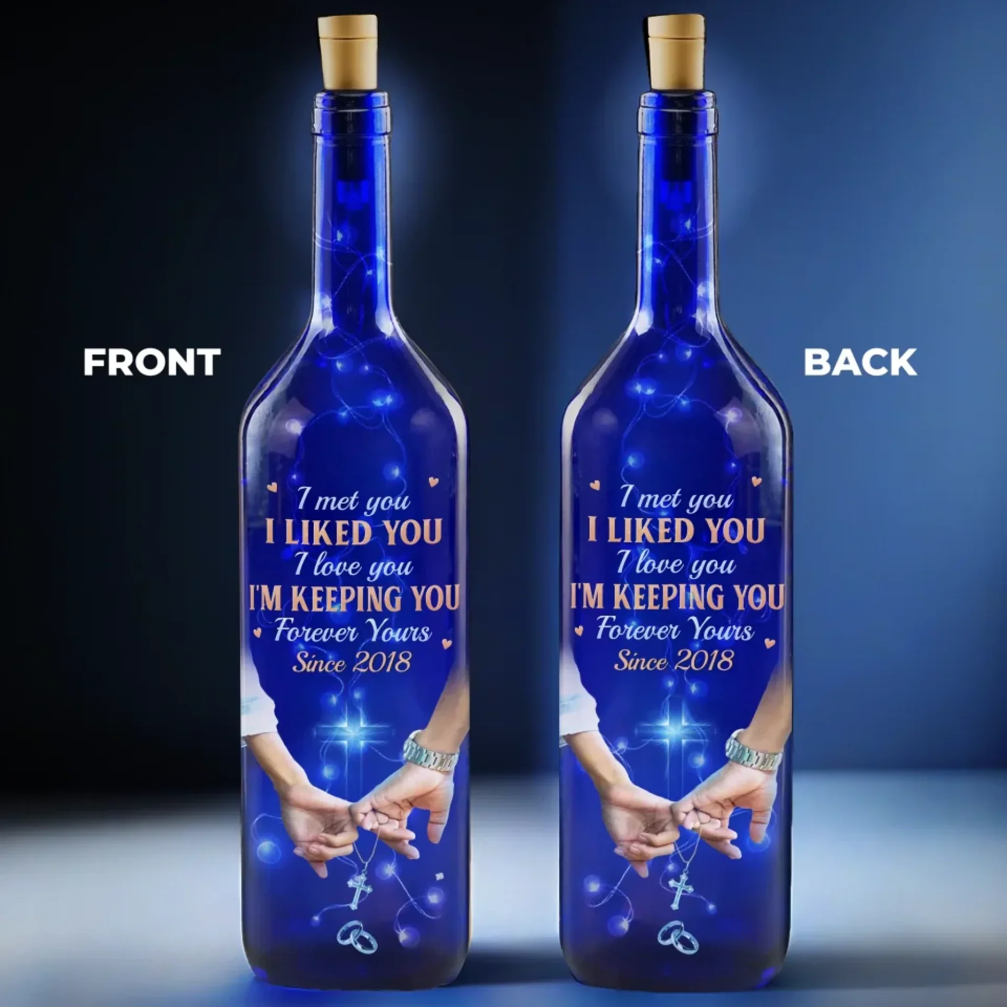 Forever Yours, Since The Day We Met - Couple Personalized Custom Blue Bottle Lamp - Gift For Husband Wife, Anniversary - Image 4
