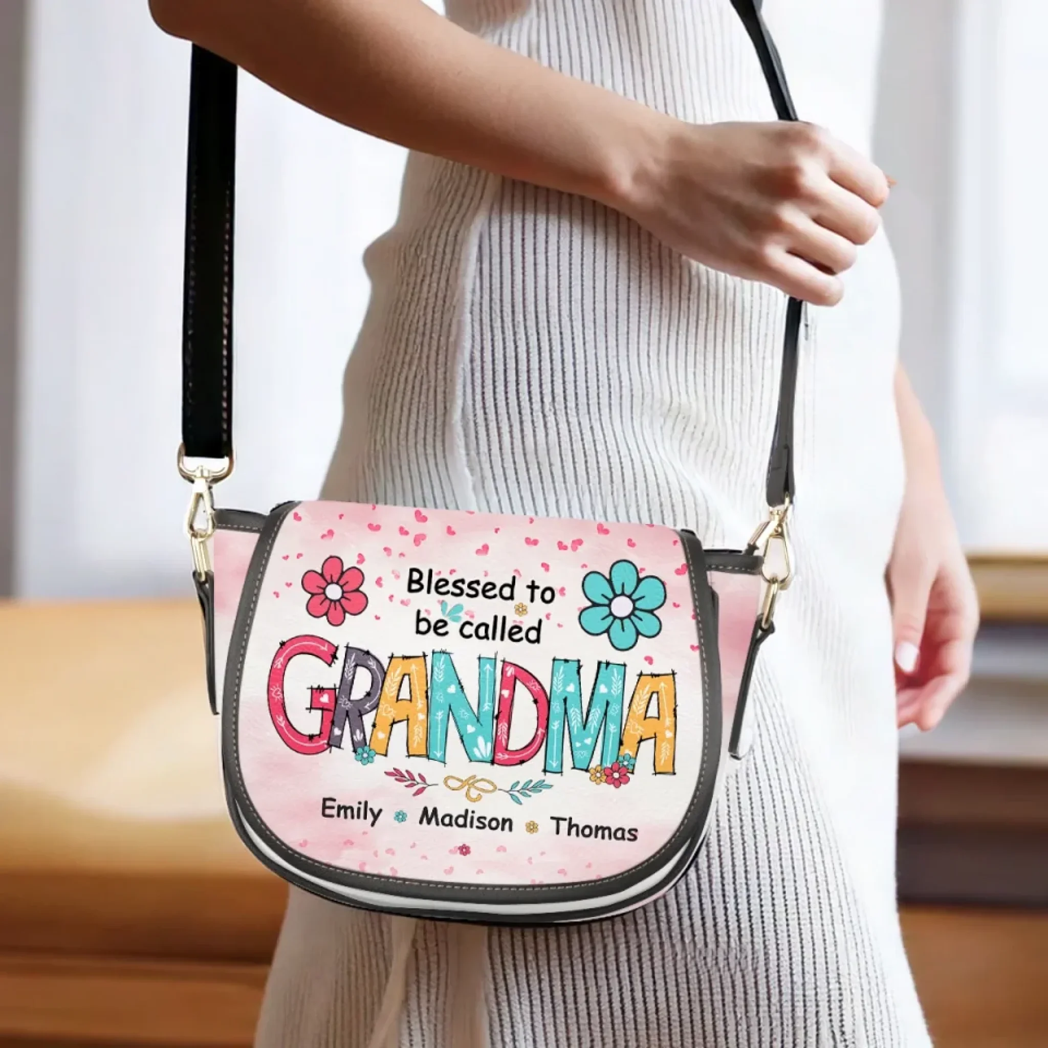 Happiness Is Being Called Grandma - Family Personalized Custom Leather Saddle Bag - Mother's Day, Gift For Mom, Grandma - Image 4