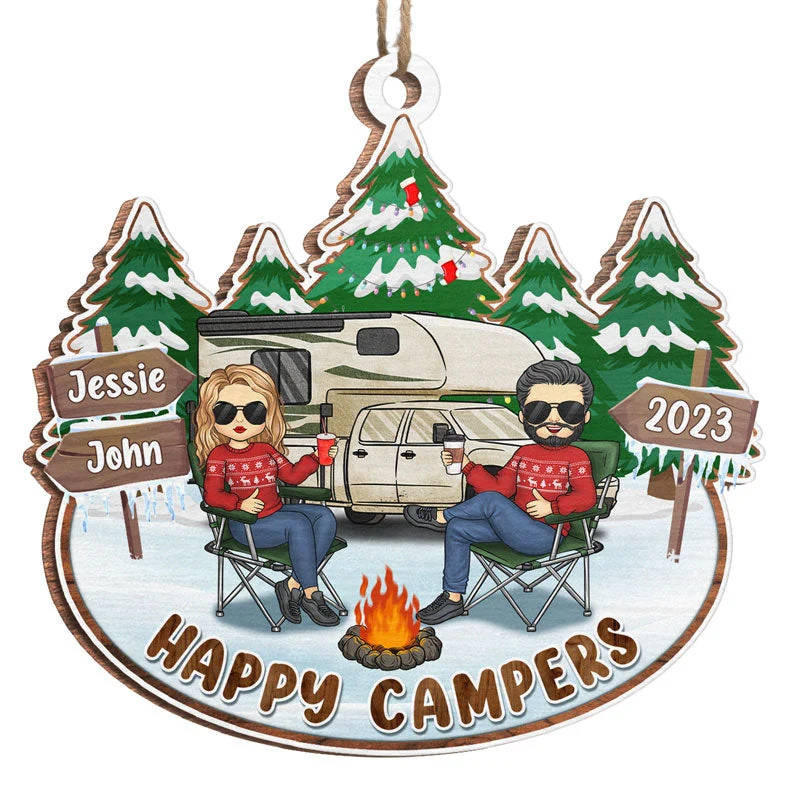 Happy Campers Take Vacations - Couple Personalized Custom Ornament - Wood Custom Shaped - Christmas Gift For Husband Wife, Anniversary, Camping Lovers - Image 2