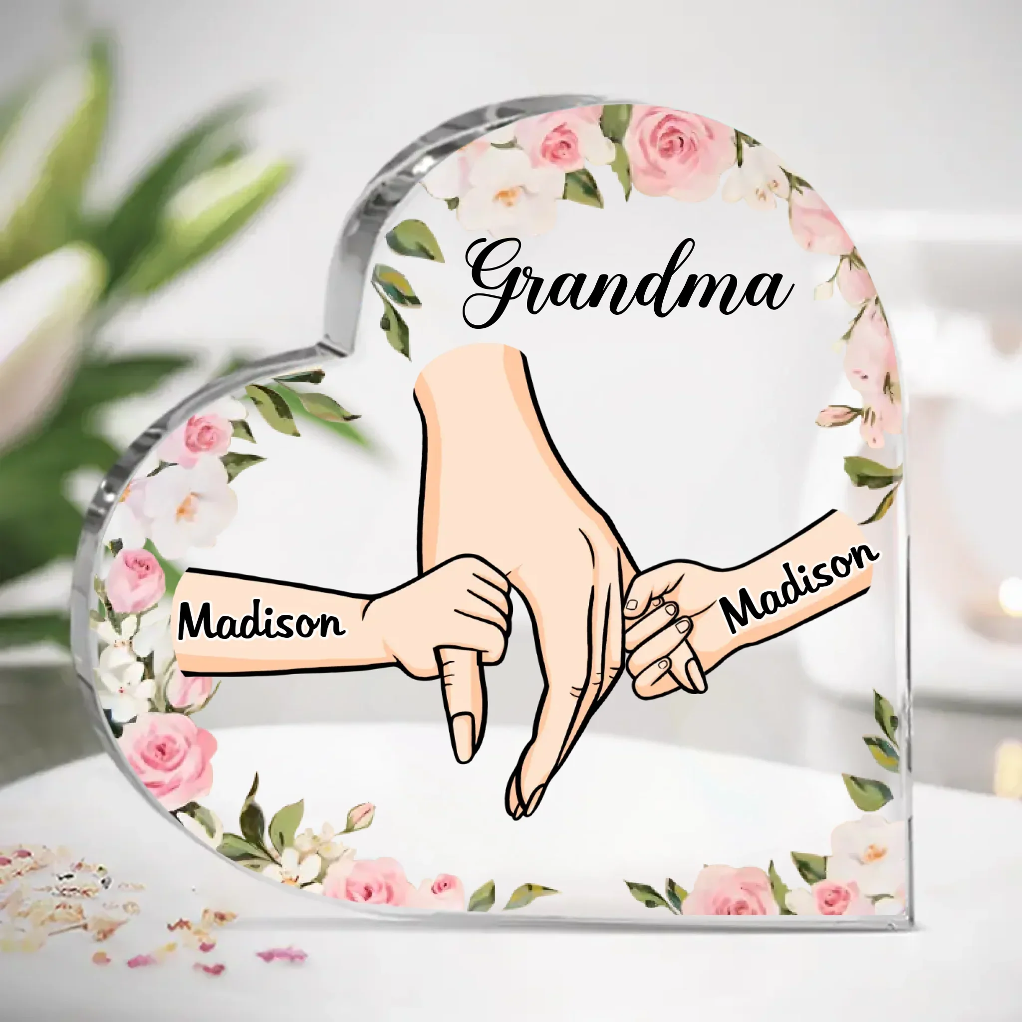 Her Hands May Be Small, But They Hold A World Of Love - Family Personalized Custom Heart Shaped Acrylic Plaque - Gift For Mom, Grandma - Image 2