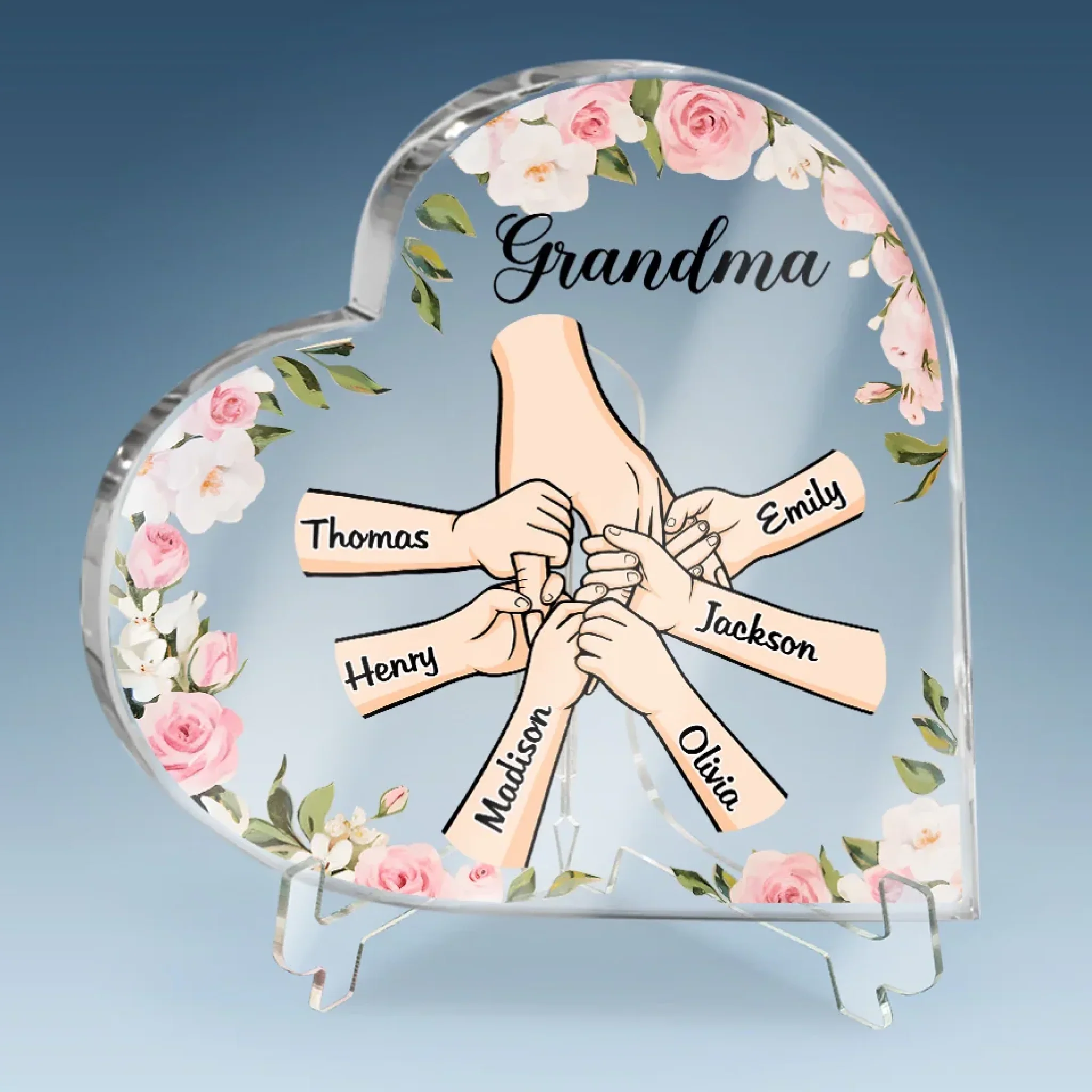 Her Hands May Be Small, But They Hold A World Of Love - Family Personalized Custom Heart Shaped Acrylic Plaque - Gift For Mom, Grandma - Image 4