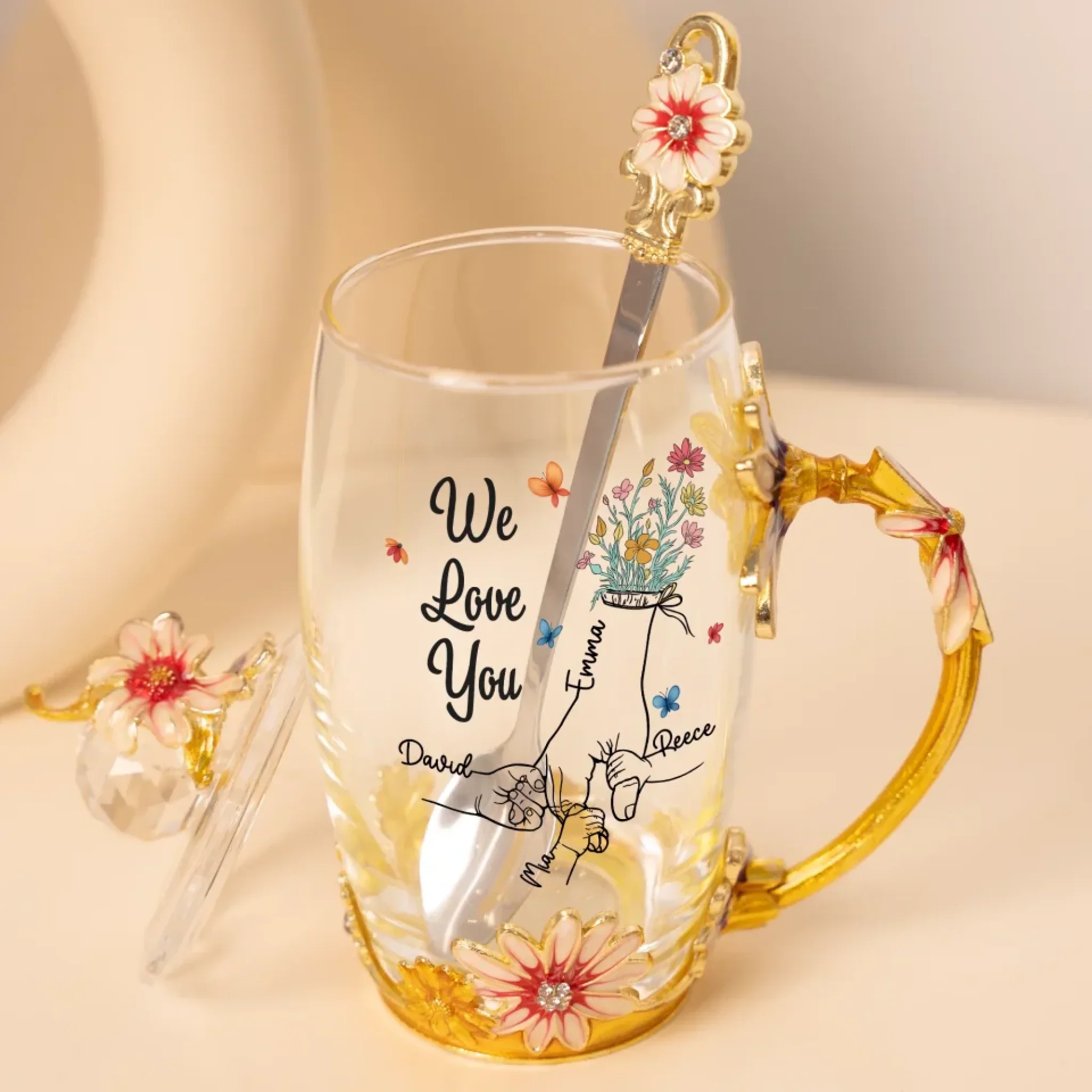 Holding Onto Love - Family Personalized Custom Enamel Flower Tea Cup With Lid & Spoon - Mother's Day, Gift For Mom, Grandma - Image 4