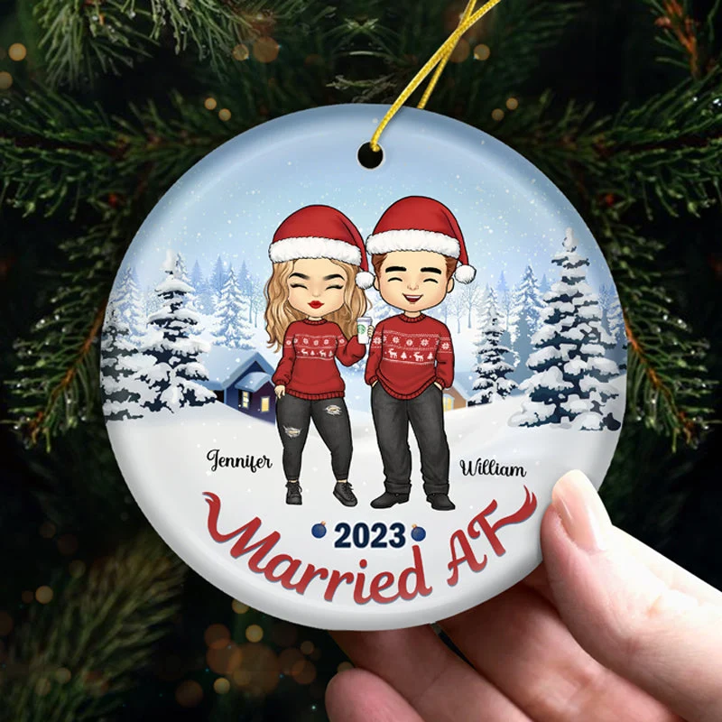 Married Af 2023 - Personalized Custom Round Shaped Ceramic Christmas Ornament - Gift For Couple, Husband Wife, Anniversary, Engagement, Wedding, Marriage Gift, Christmas Gift - Image 4
