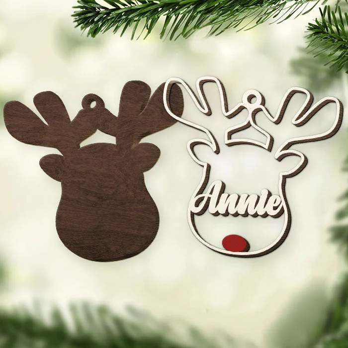 Reindeer Christmas - Personalized Custom Reindeer Face Shaped 2 Layered Wood Christmas Ornament - Christmas Gift - Image 3