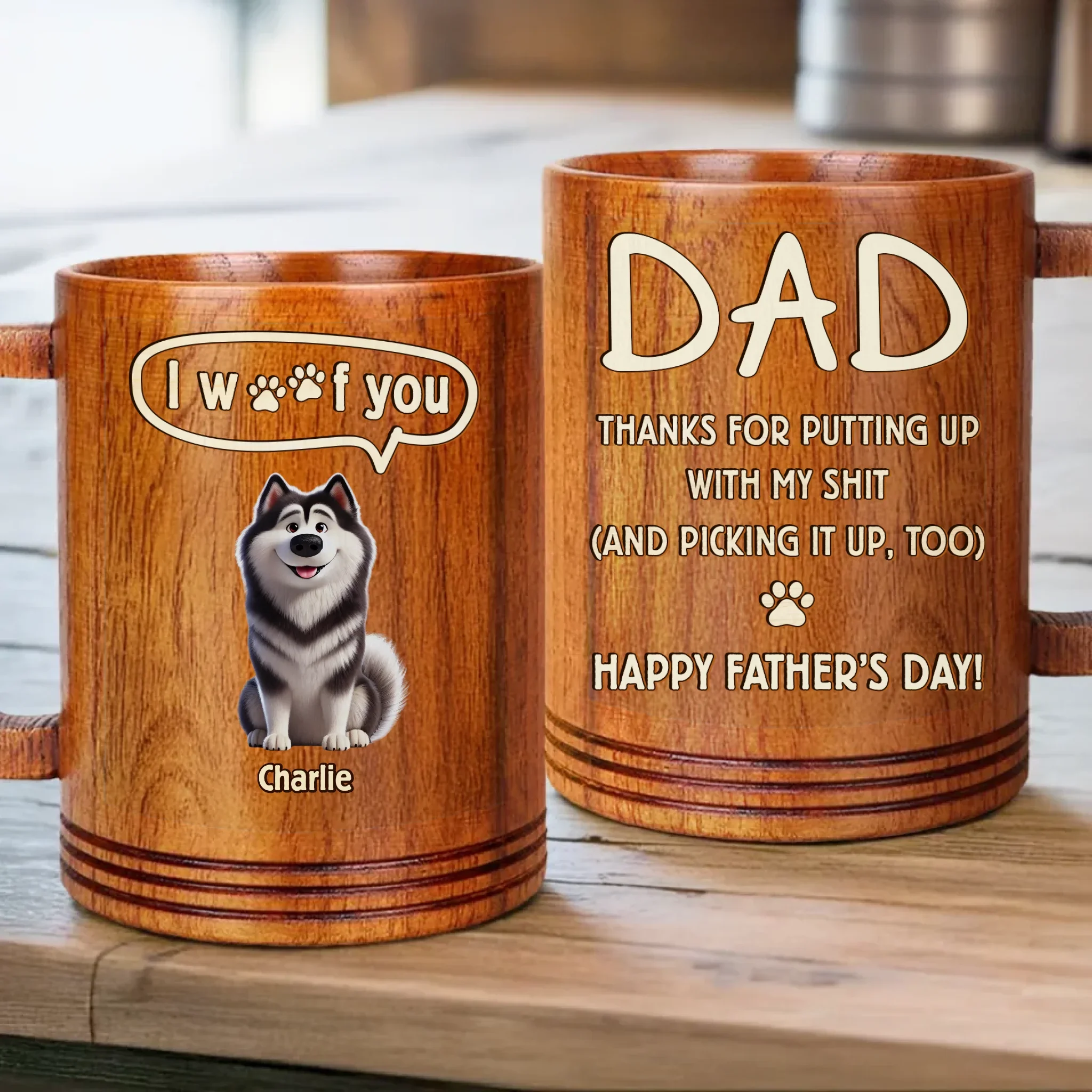 Thanks For Dealing With Our Mess, Dad - Dog Personalized Custom Wooden Mug - Father's Day,  Gift For Dad, Pet Owners, Pet Lovers - Image 2