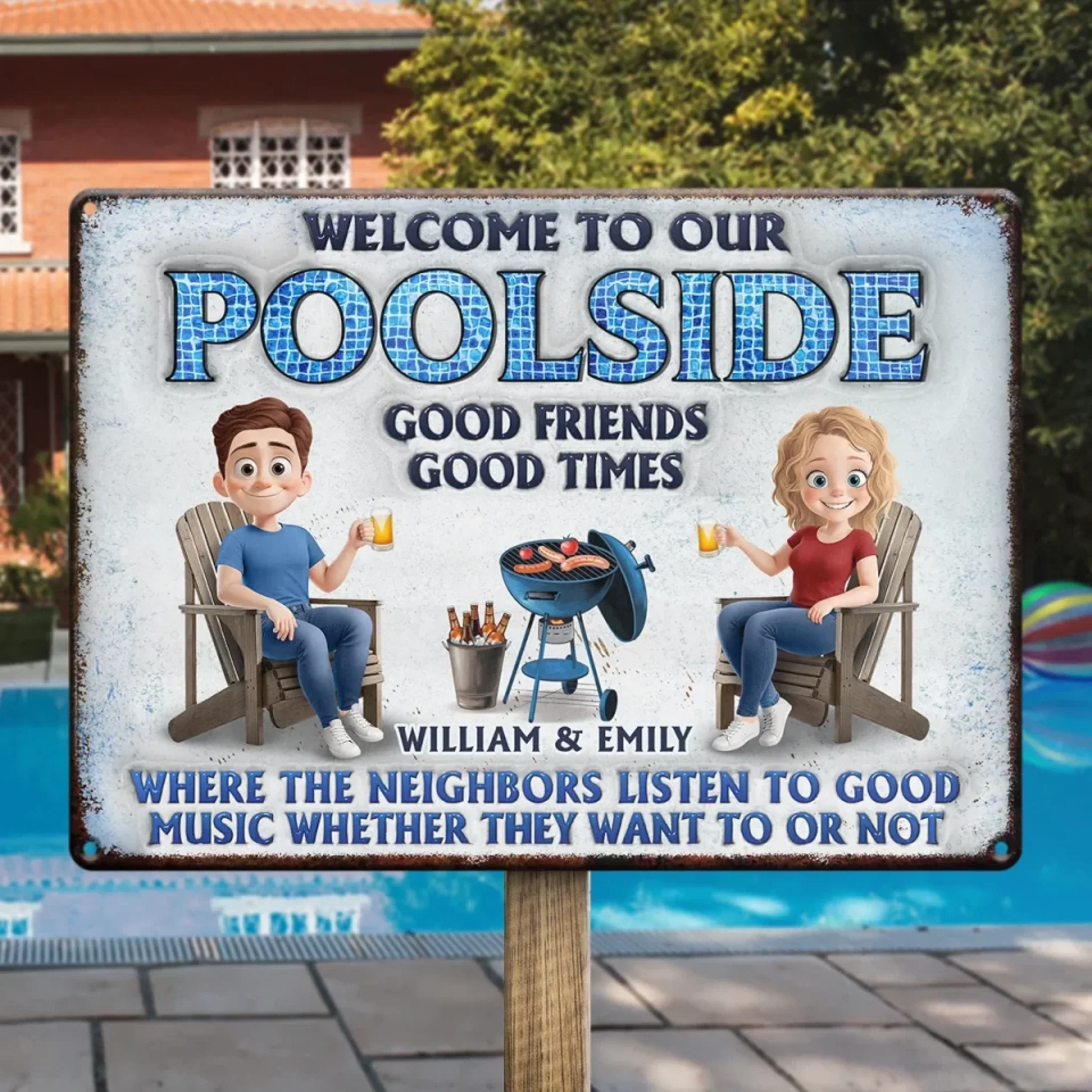 Welcome To Our Poolside, Where The Fun Never Stops - Couple Personalized Custom Home Decor Metal Sign - House Warming Gift For Husband Wife, Anniversary - Image 4
