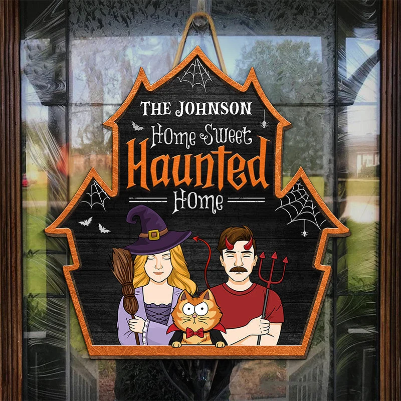 Welcome To Our Sweet Haunted Home - Couple Personalized Custom Shaped Home Decor Witch Wood Sign - Halloween Gift For Husband Wife, Pet Owners, Pet Lovers - Image 3